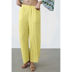 Zara Pull-on Crinkle Effect Pants Yellow Size M NWOT